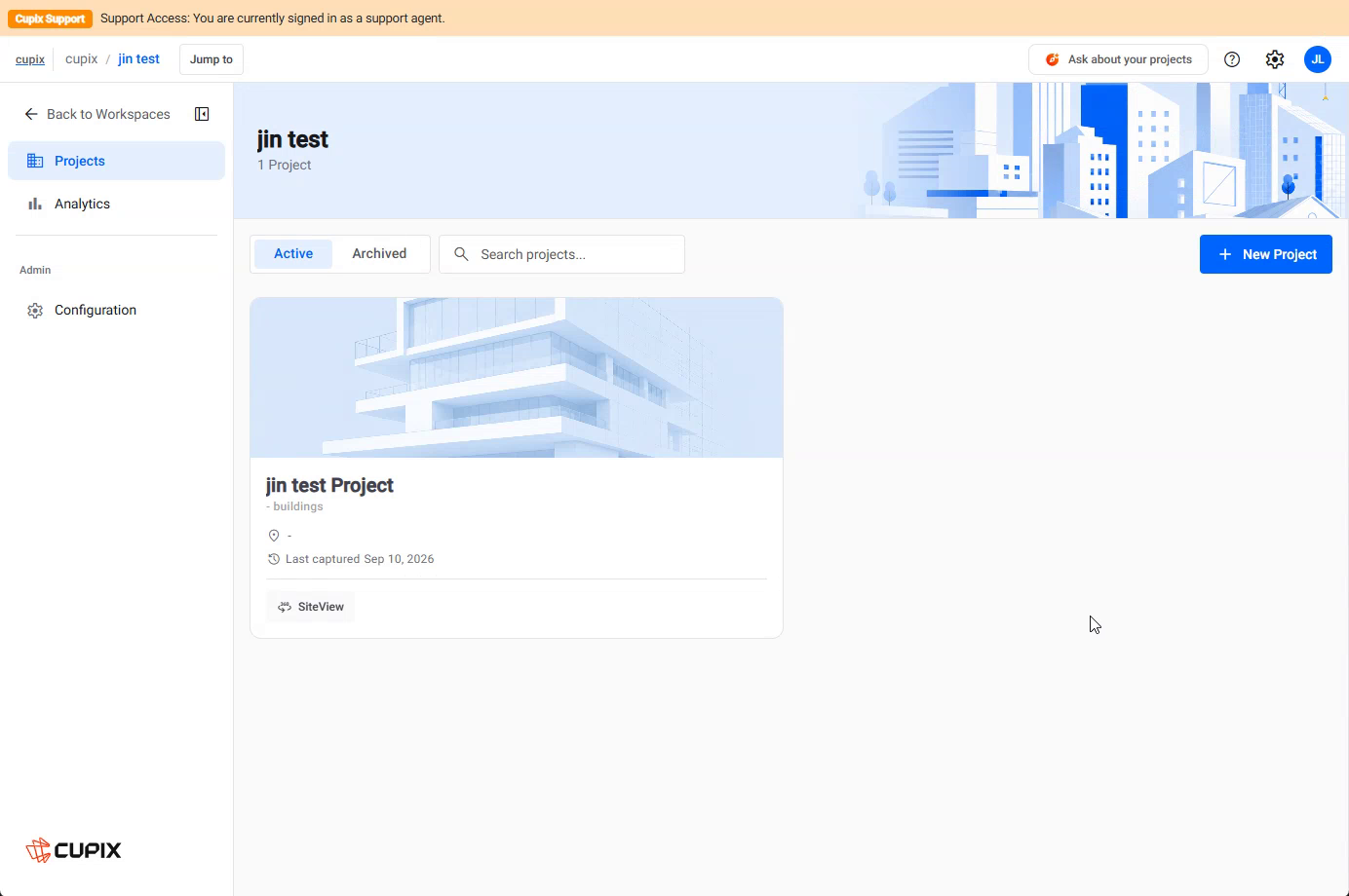 A workspace's Projects page