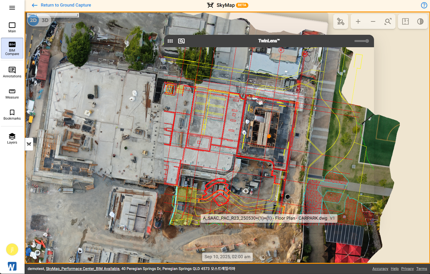 SkyMap mode with a DWG overlay on the 2D orthomosaic in TwinLens view