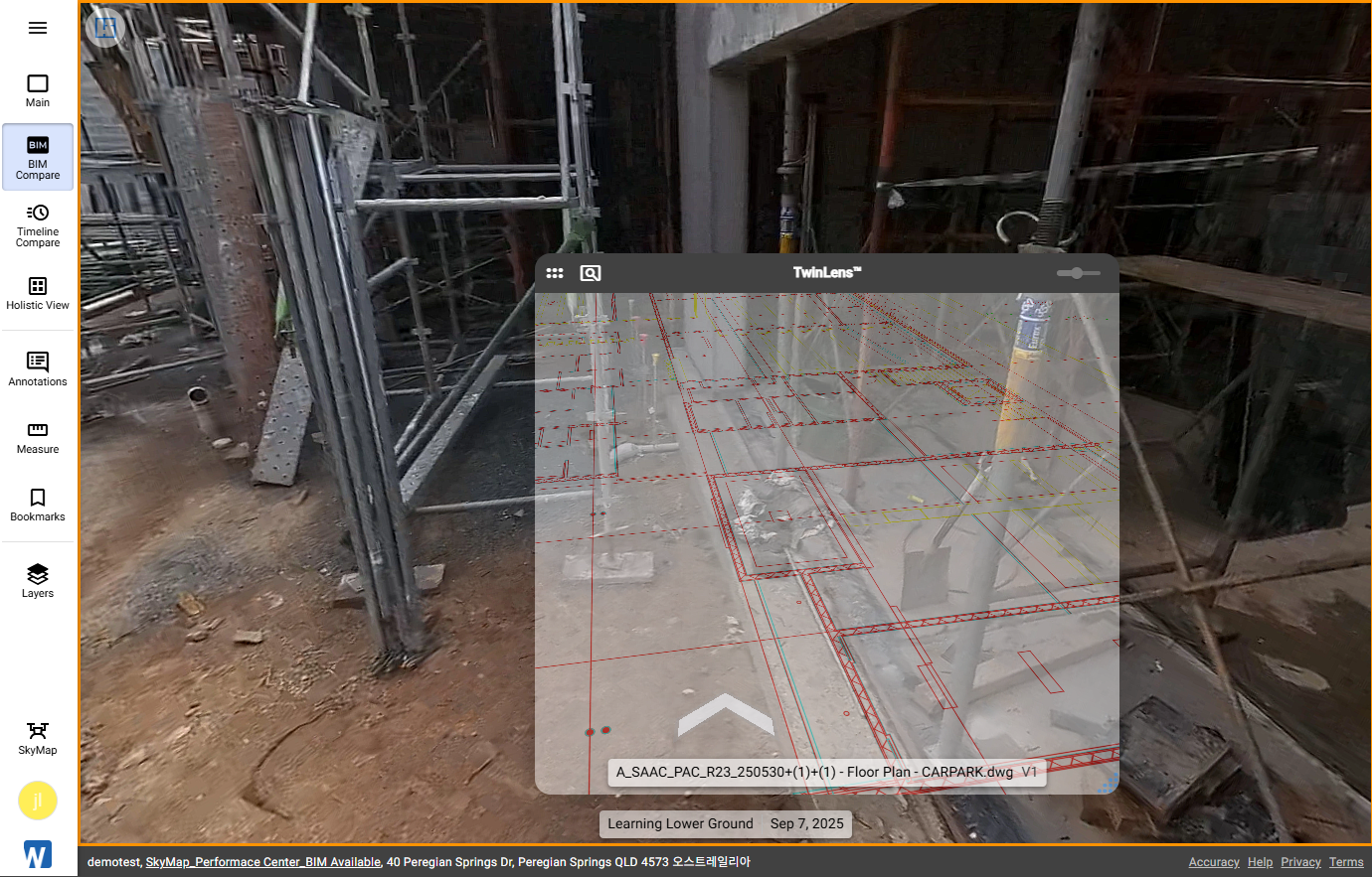 SiteView TwinLens view with a DWG overlay on a 360 capture