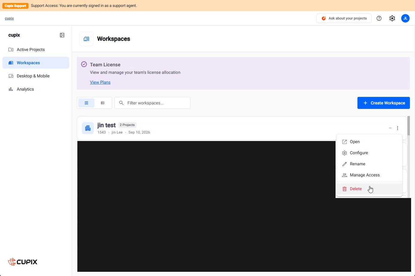 The Workspaces list, with a row's action menu open