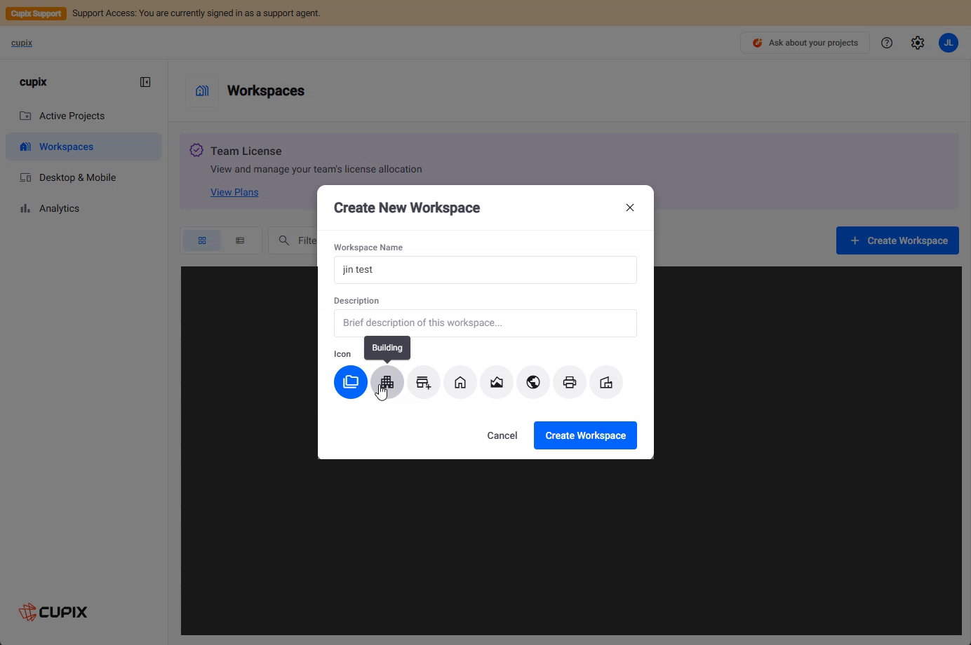 The Create New Workspace dialog