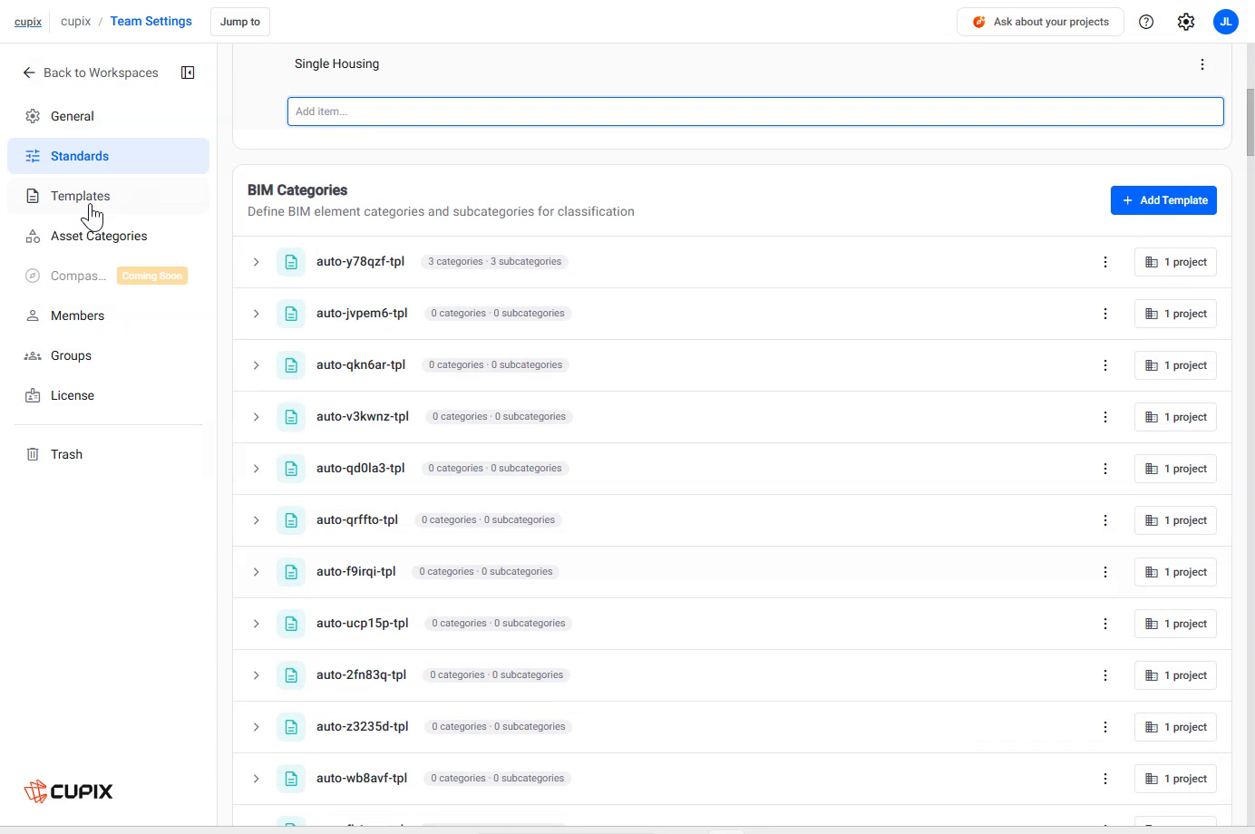 Standards › BIM Categories, a template expanded with its Add item field