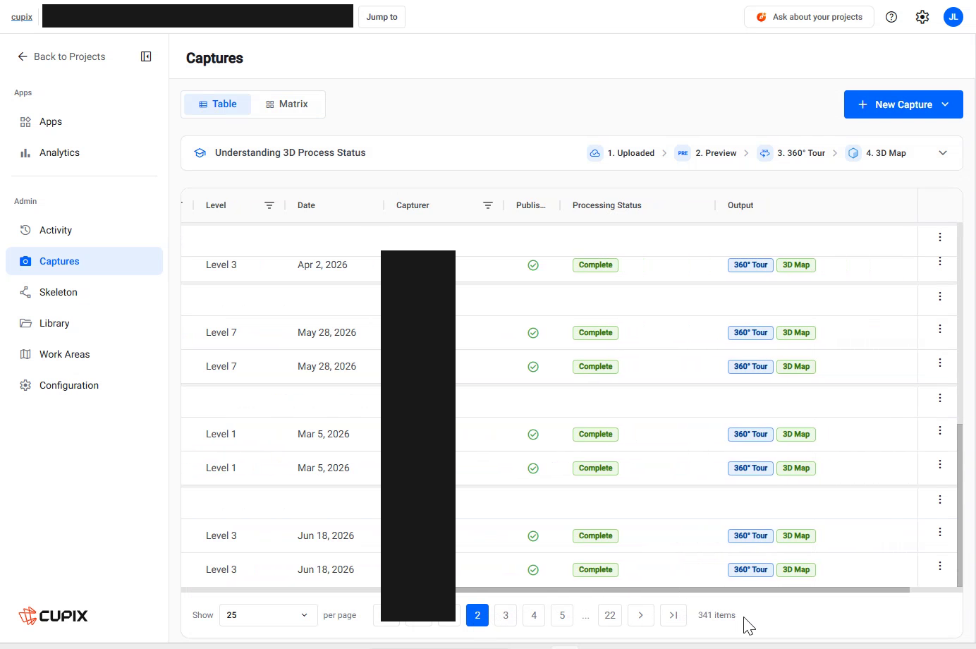 Captures, Table view, the Processing Status and Output columns