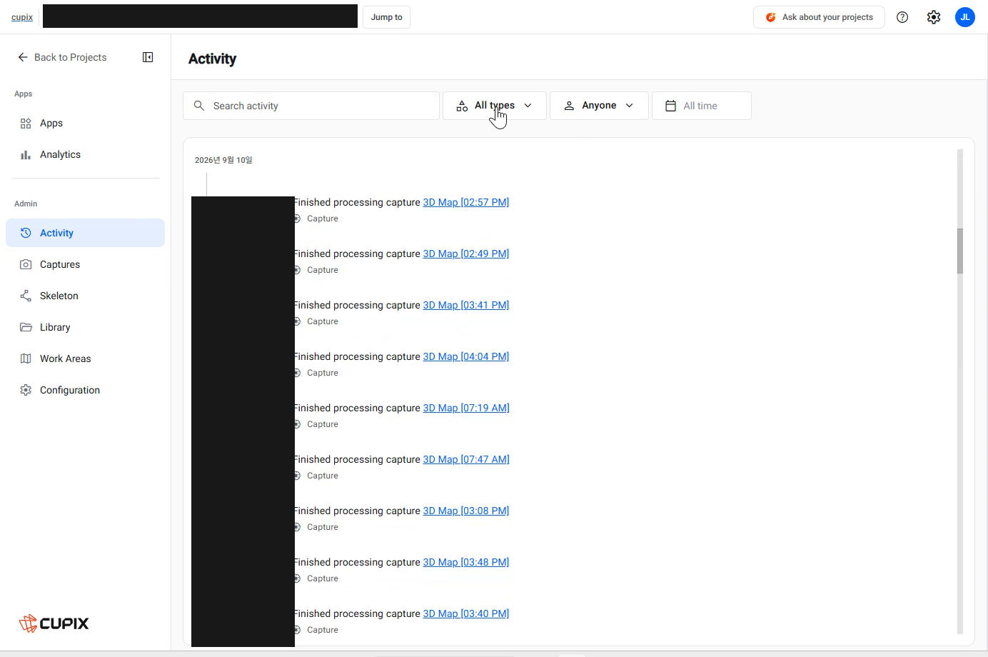 Project Admin Center › Activity, the log with its filters