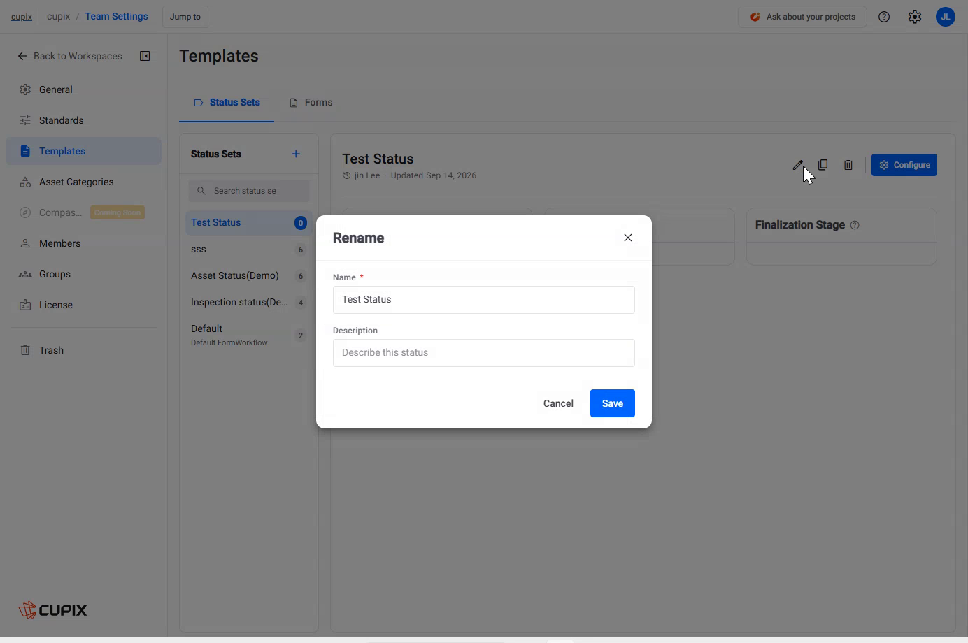 A status set's Rename dialog