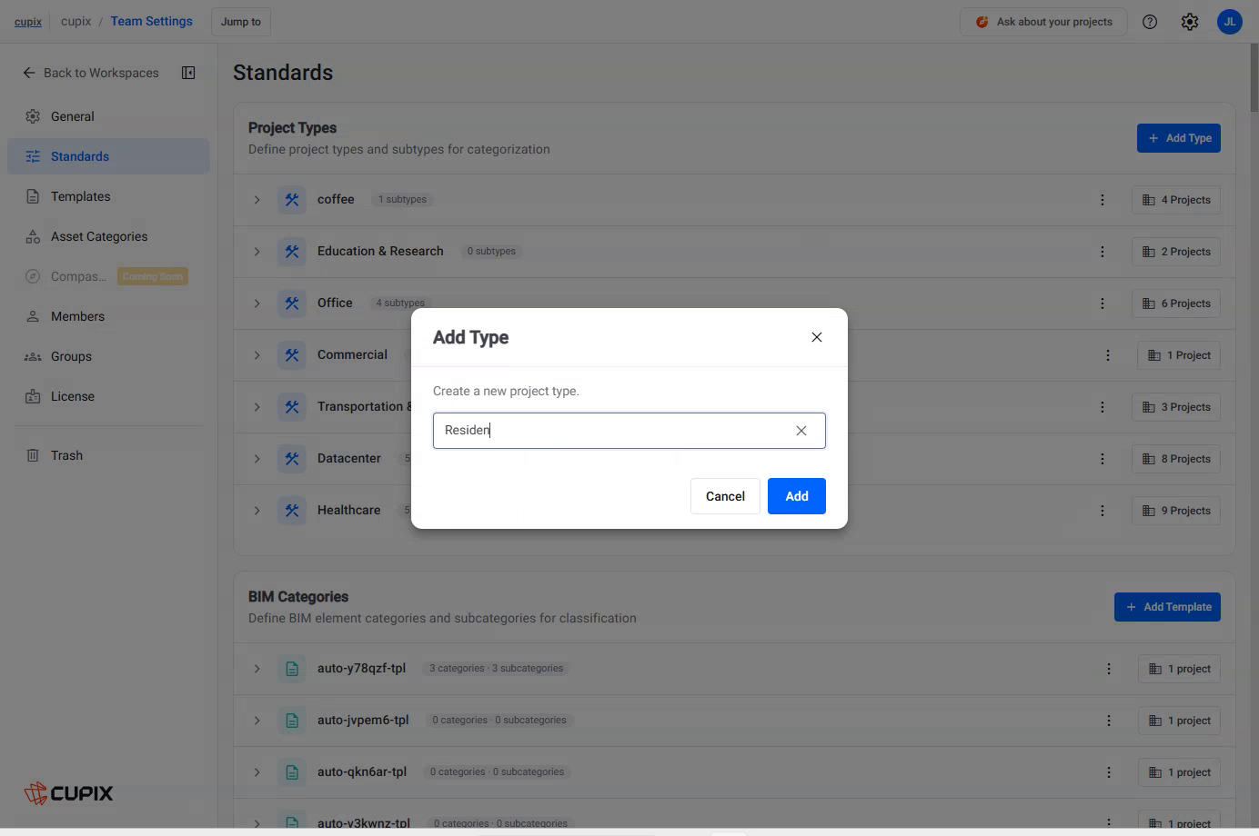 Standards › Project Types, the Add Type dialog