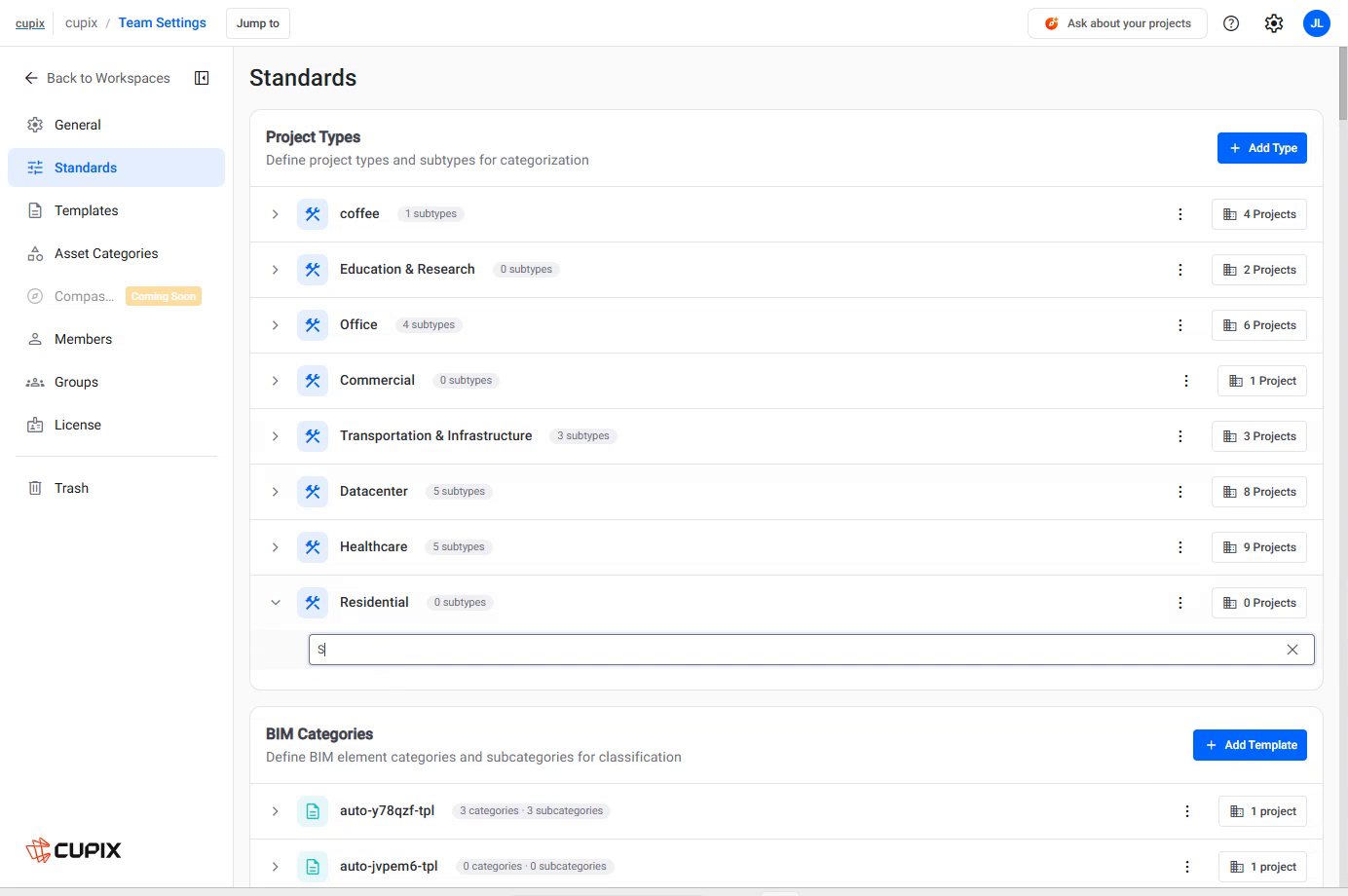 A project type expanded, with the inline field for a new subtype