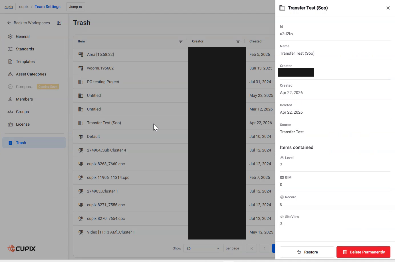 The item panel for a deleted project, with its Items contained counts