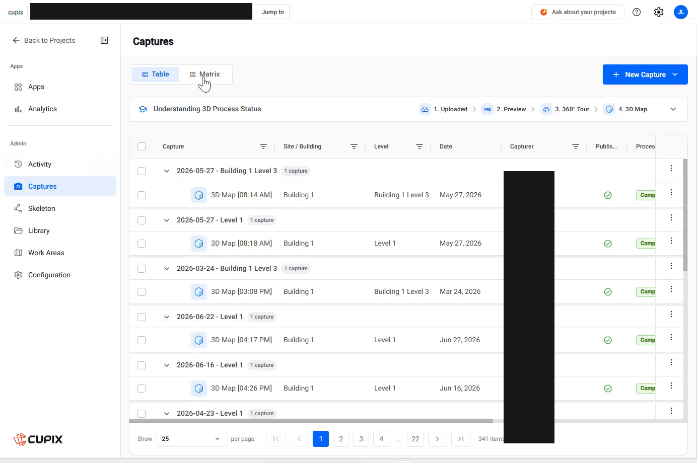 Project Admin Center › Captures, Table view