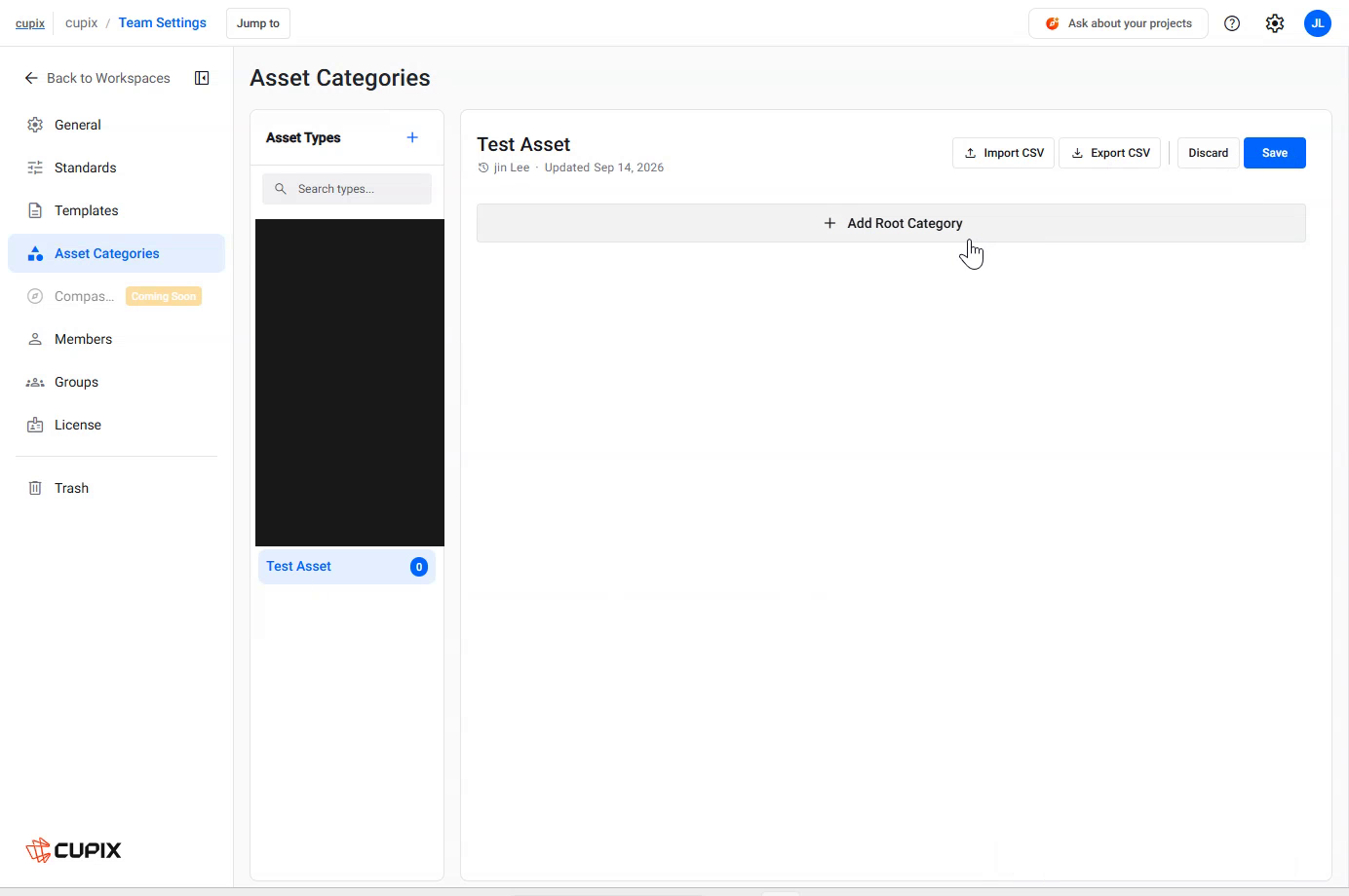 A new asset type, empty, with Add Root Category and the CSV controls
