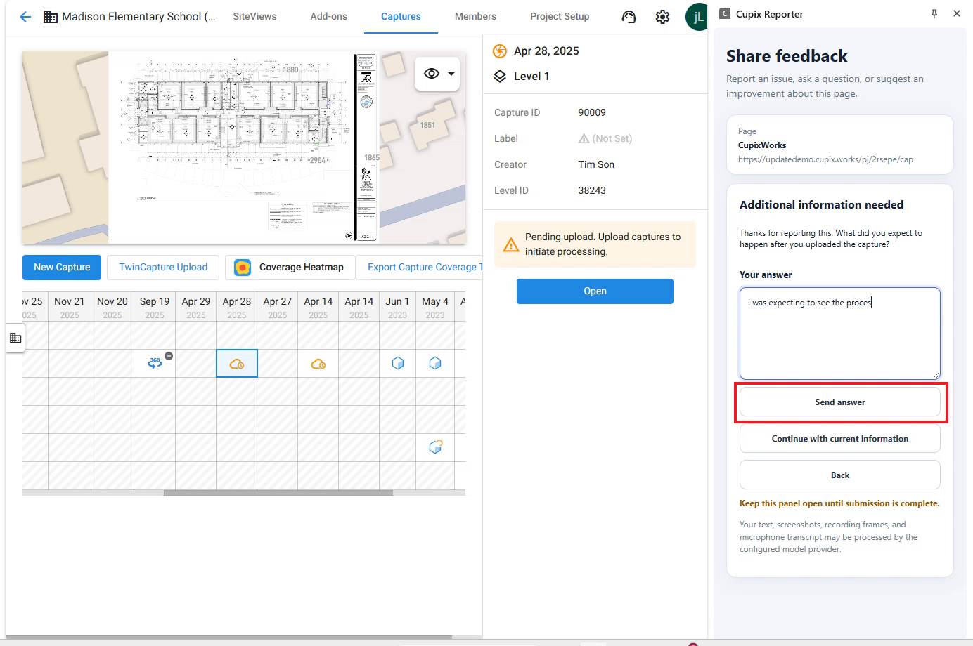 Additional information needed step with an answer typed and the Send answer button highlighted