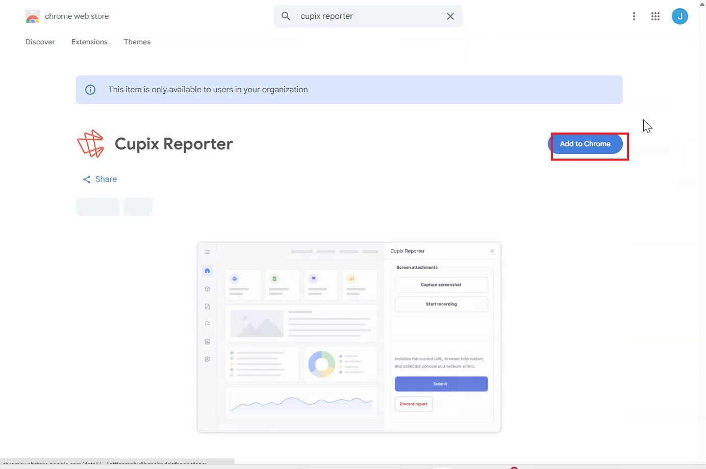 Cupix Reporter listing in the Chrome Web Store with the Add to Chrome button highlighted
