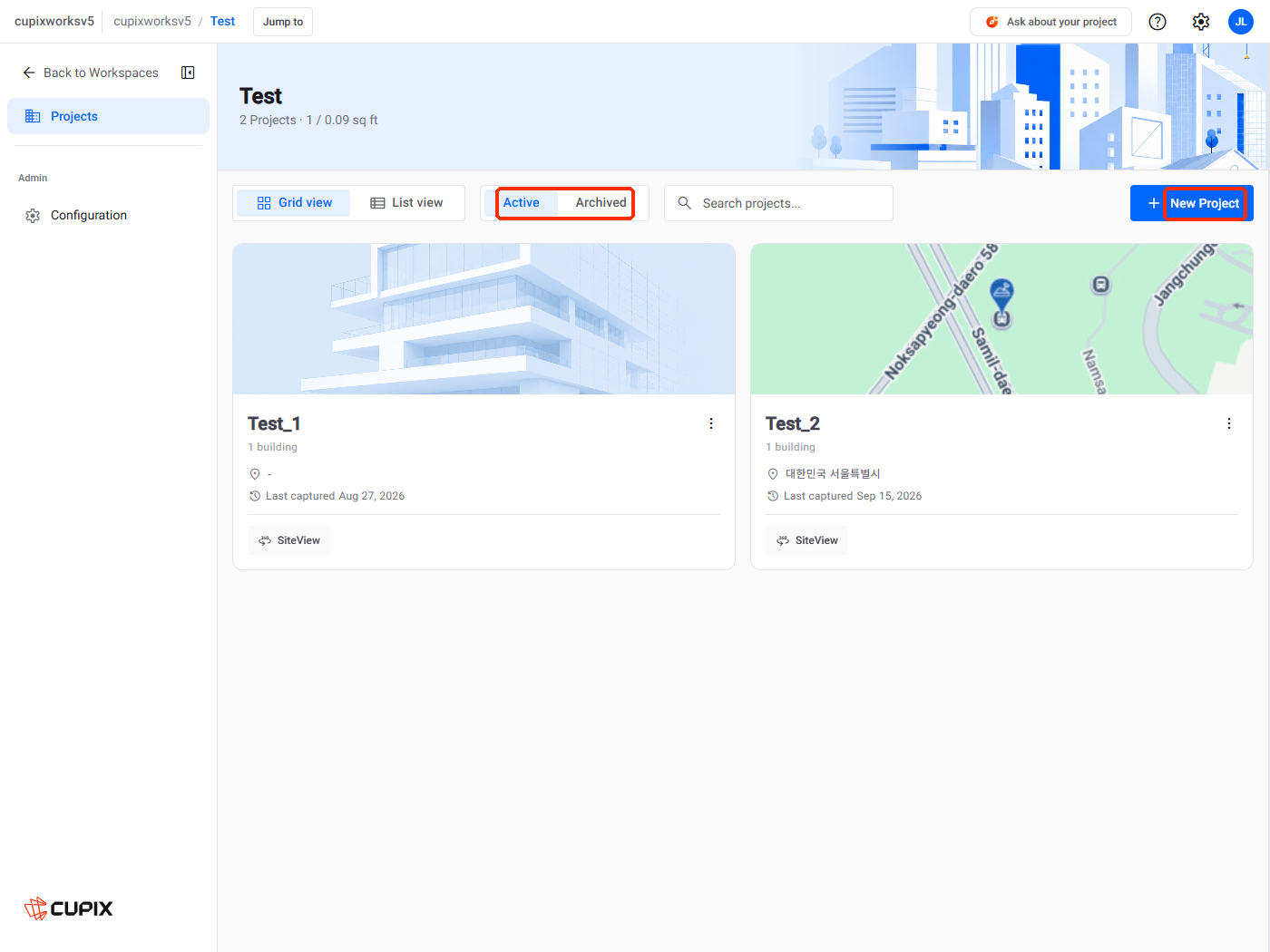 A workspace's Projects page, with Active / Archived and New Project marked