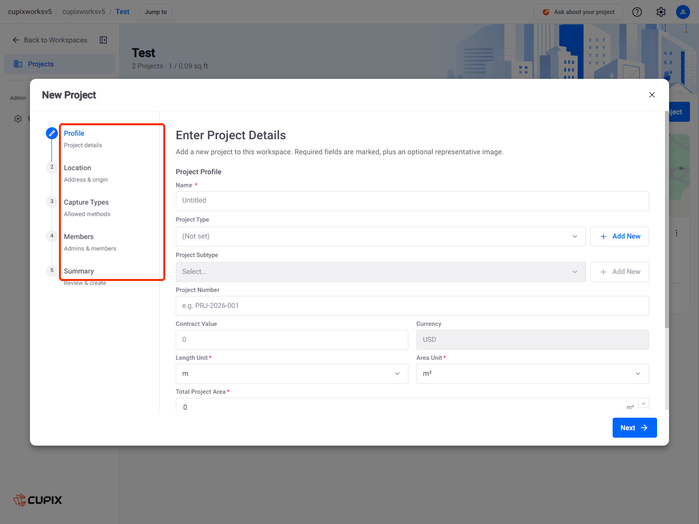 The New Project wizard, Profile step, with the five steps marked