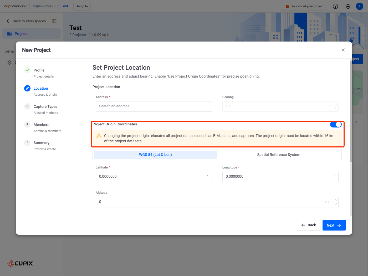 The Location step with Project Origin Coordinates turned on, and its warning marked