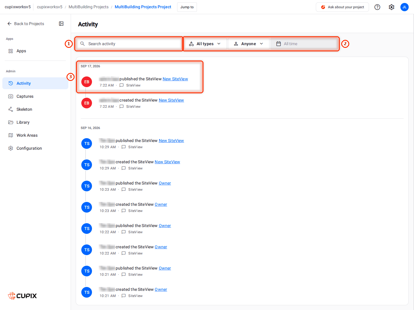 Project Activity: the log, with search and three filters.