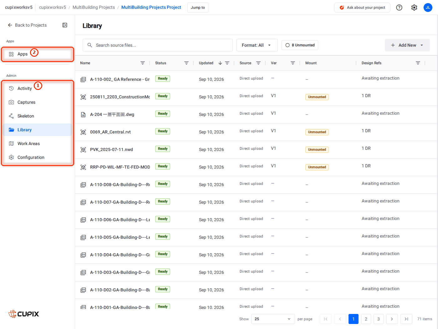 The project's sidebar: Apps, and the six Admin pages.