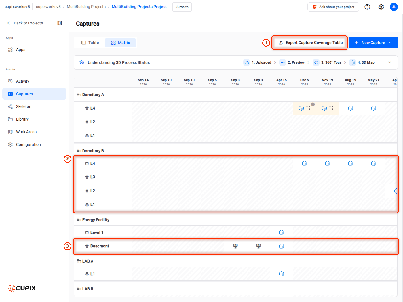 Captures in Matrix view: levels down the side, dates across.