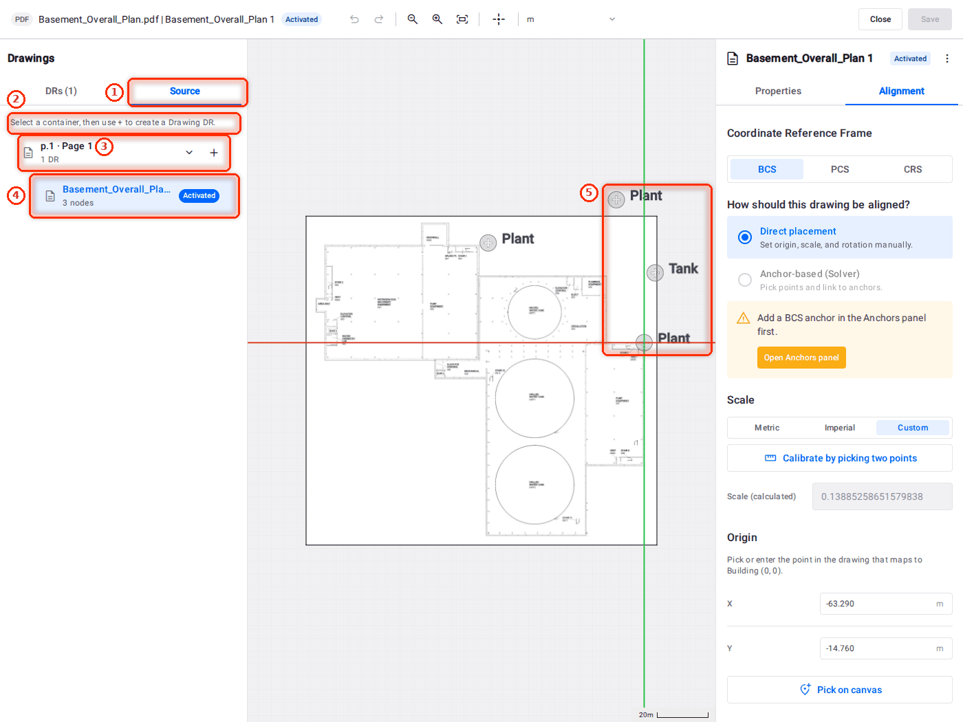The drawing editor's Source tab on Basement_Overall_Plan.pdf.