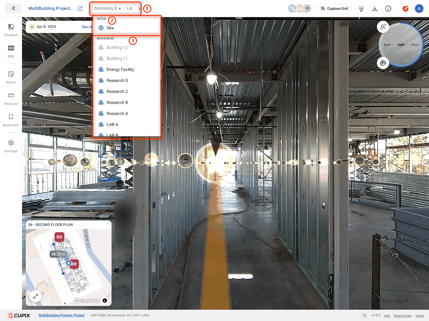 The first selector open on Dormitory B: the Site, then every building.