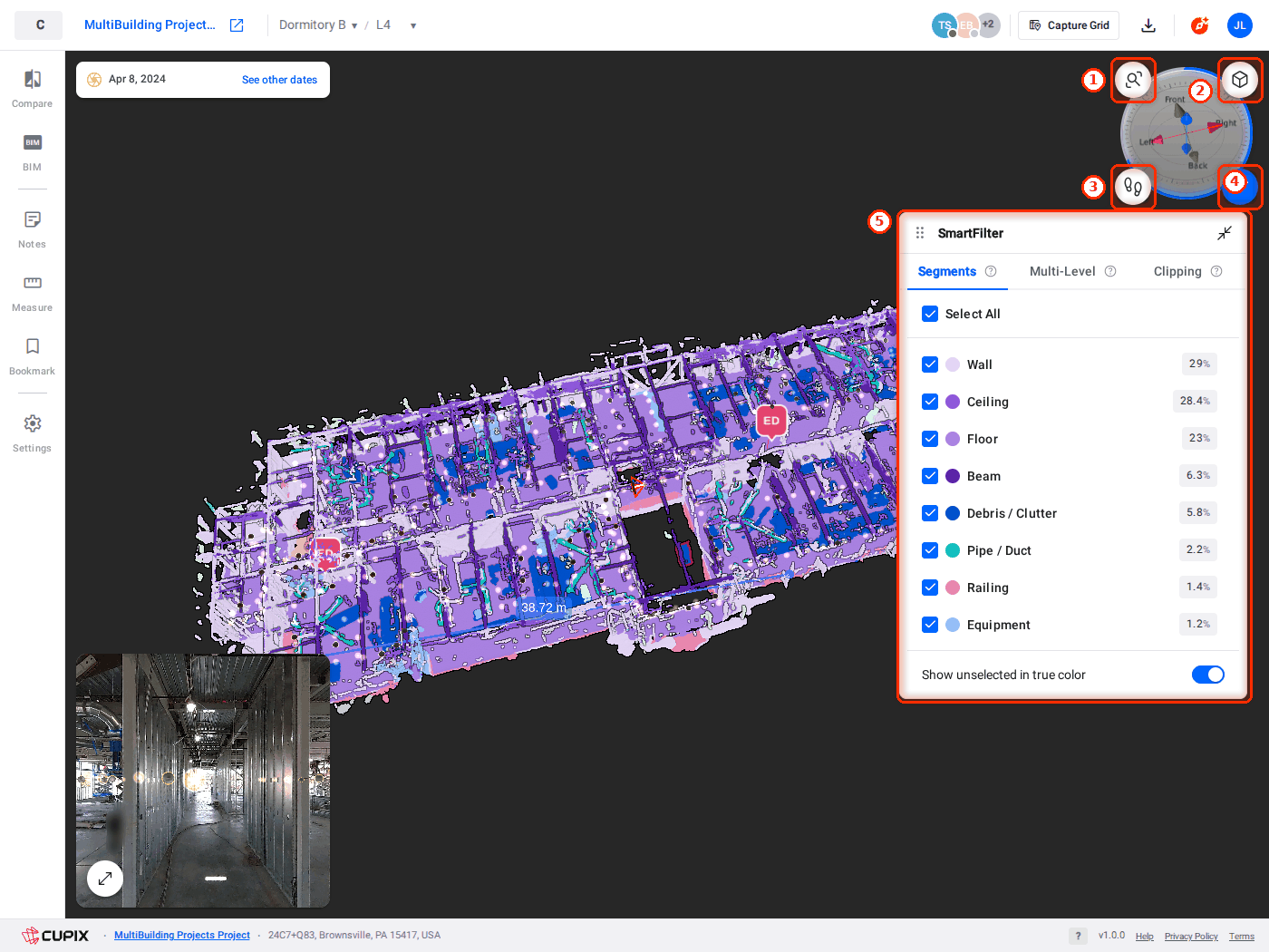 The gizmo in aerial mode, with SmartFilter working on Dormitory B, L4.