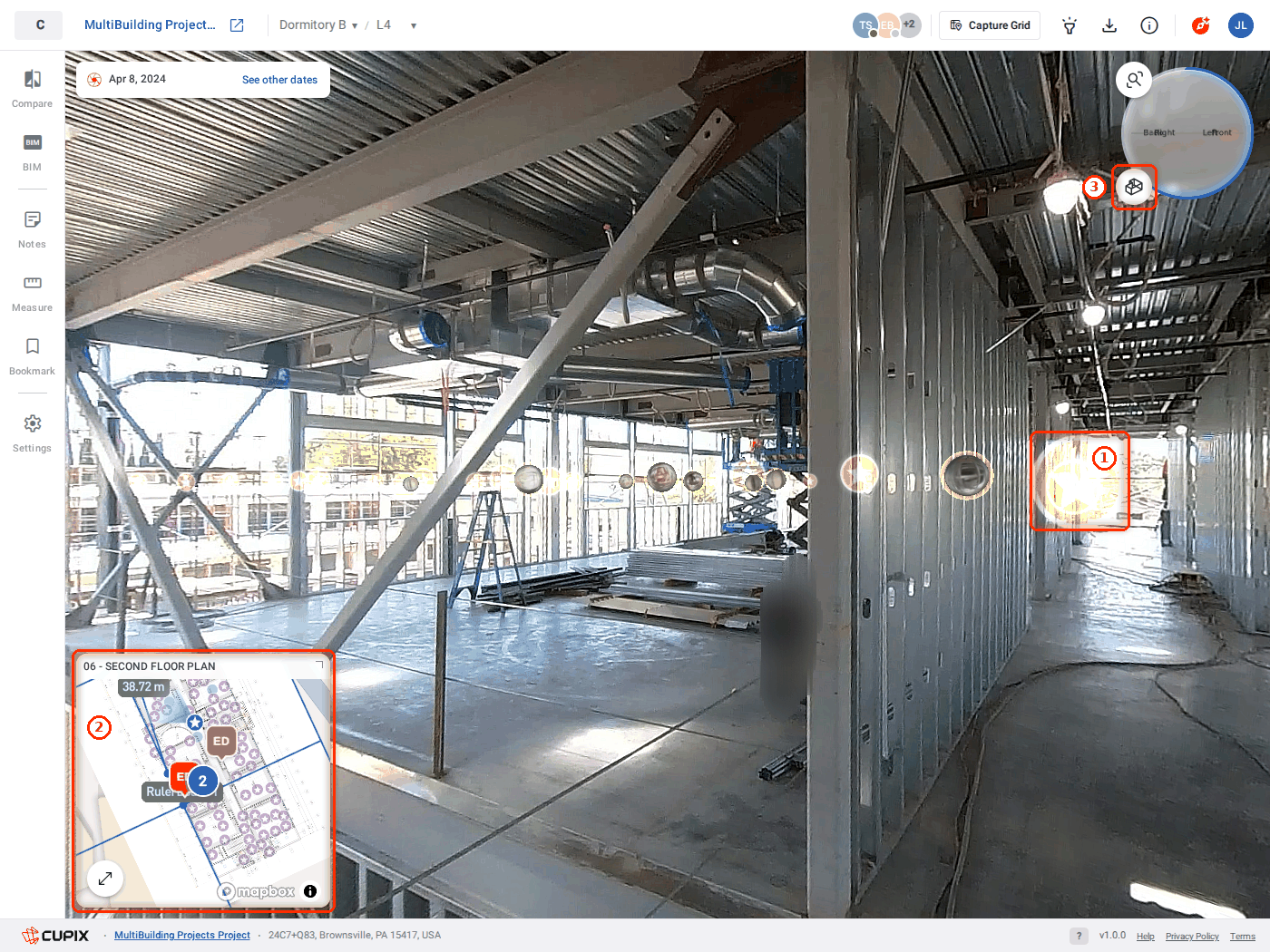 First-person mode: standing inside a 360 photo on Dormitory B, L4.
