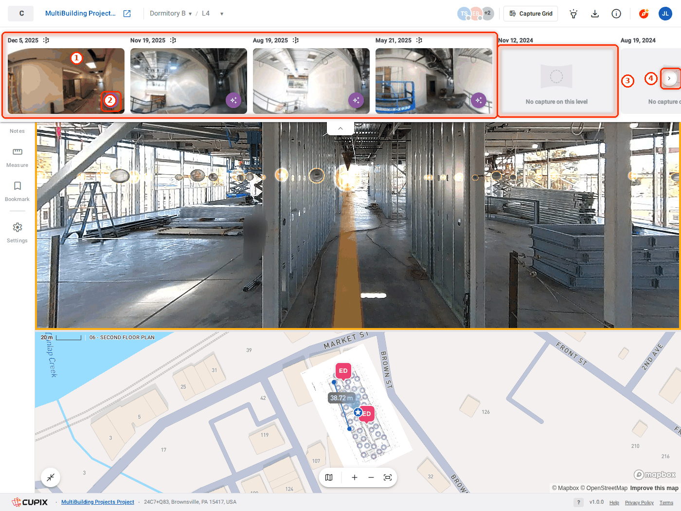 The capture timeline open across the top of the viewer, Dormitory B, L4.