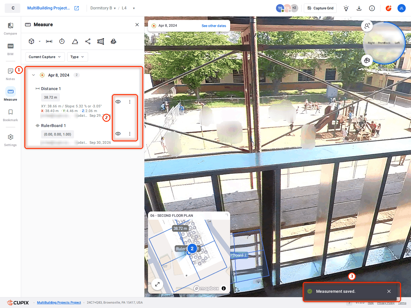 Saved measurements under their capture date, with the Measurement saved confirmation.