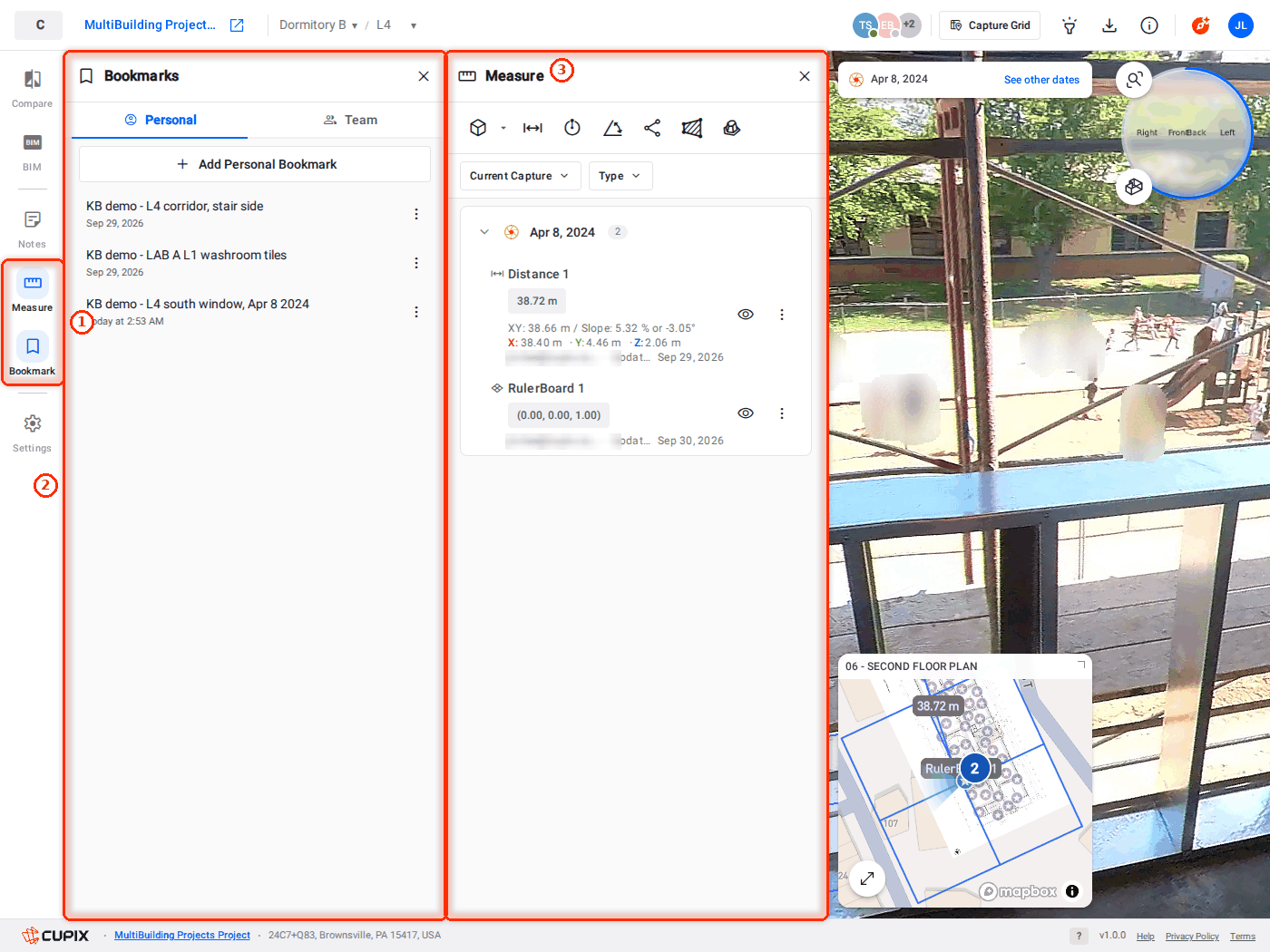 Two tool-rail panels open side by side: Bookmarks and Measure, both with content.