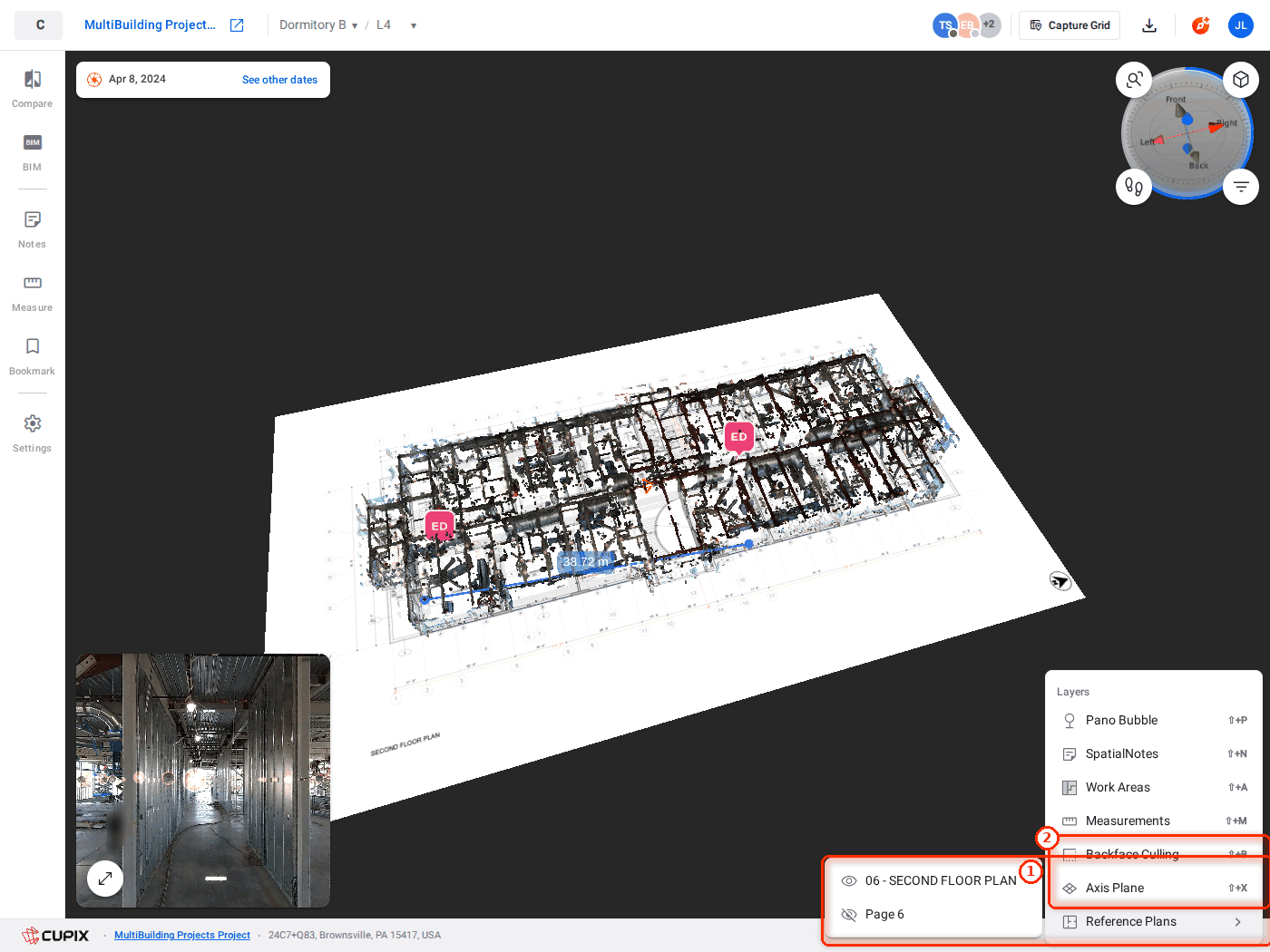 Right-click in aerial mode, with the Reference Plans list open.