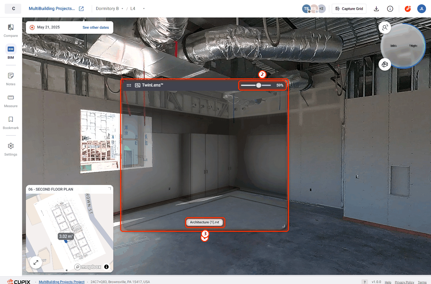 TwinLens with the BIM model inside the lens, over the capture.
