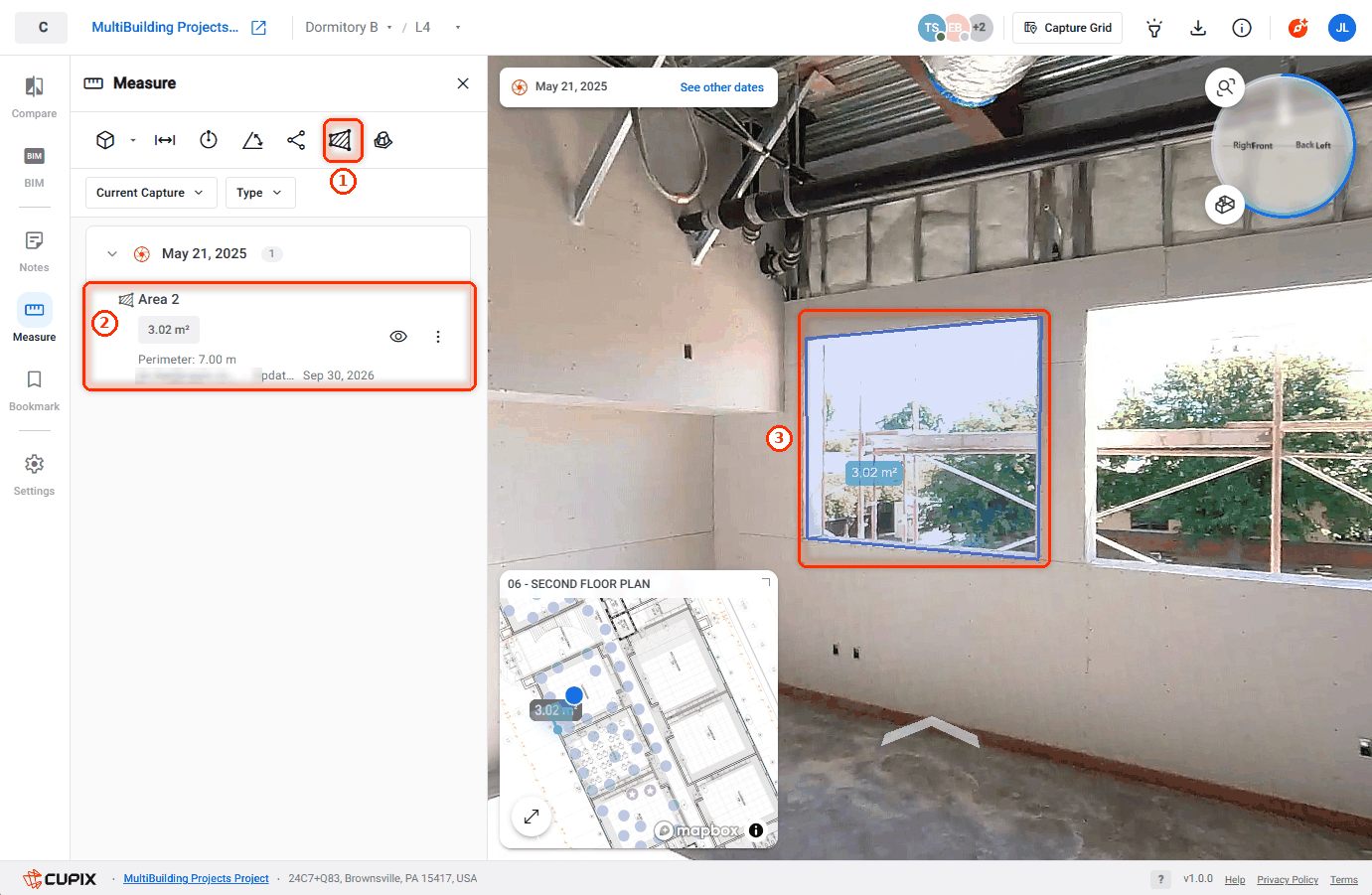An Area measured on a window opening: 3.02 m², perimeter 7.00 m.