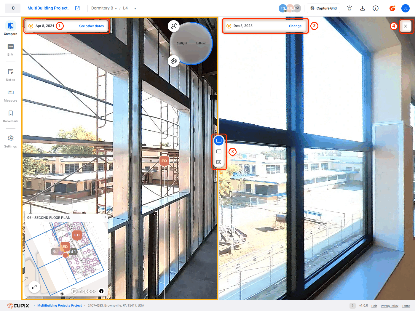 Dual Camera at the same window: Apr 8, 2024 on the left, Dec 5, 2025 on the right.