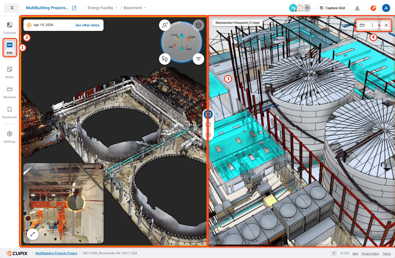 Compare with BIM: the Apr 15, 2026 capture and the Navisworks model of Energy Facility, Basement.