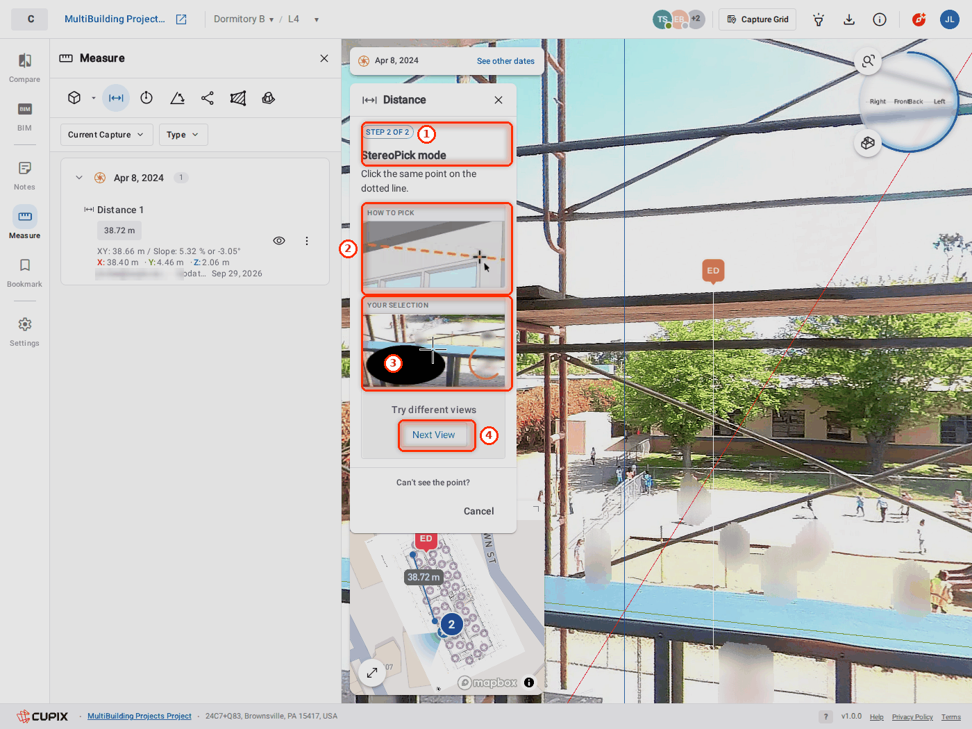 StereoPick in first-person mode: the same point seen from a second photo.