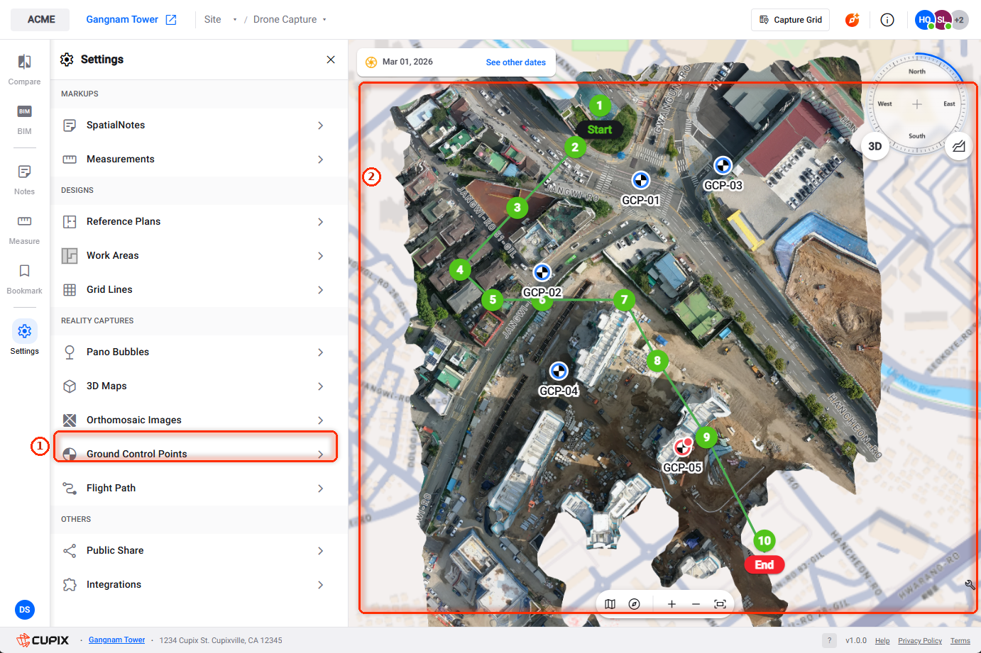Settings with Ground Control Points, and the labelled markers on the orthomosaic