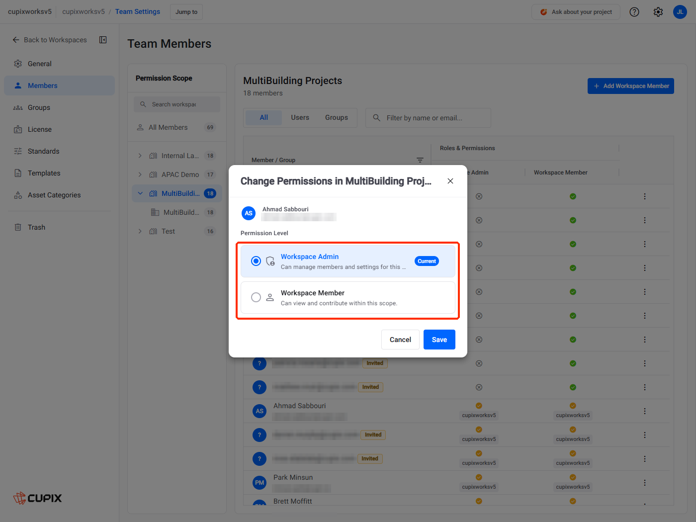 Change Permissions at workspace level, for someone whose access comes from the team