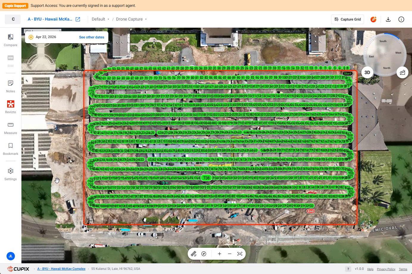 The numbered flight path over the orthomosaic in Drone 2D