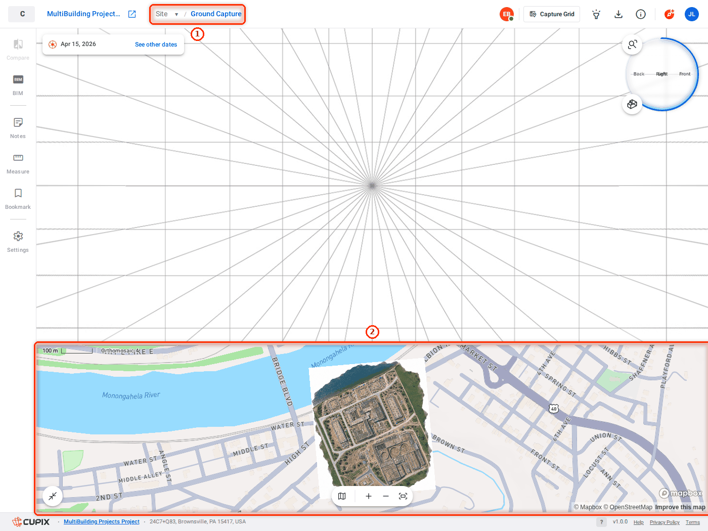 The Site selected in the topbar, with its orthomosaic on the map