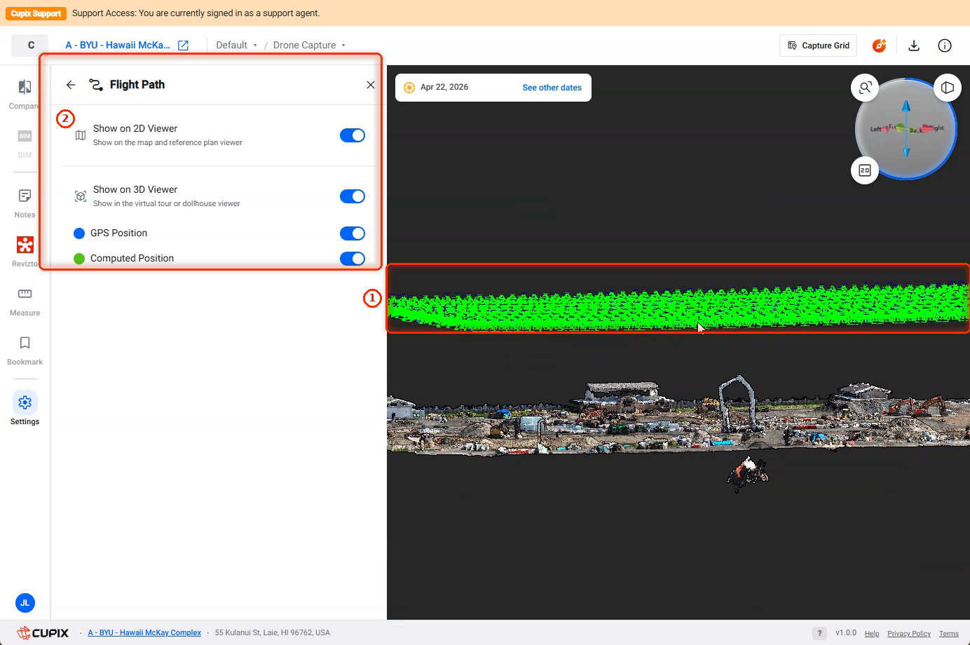 Flight Path settings, with the path drawn through the Drone 3D model