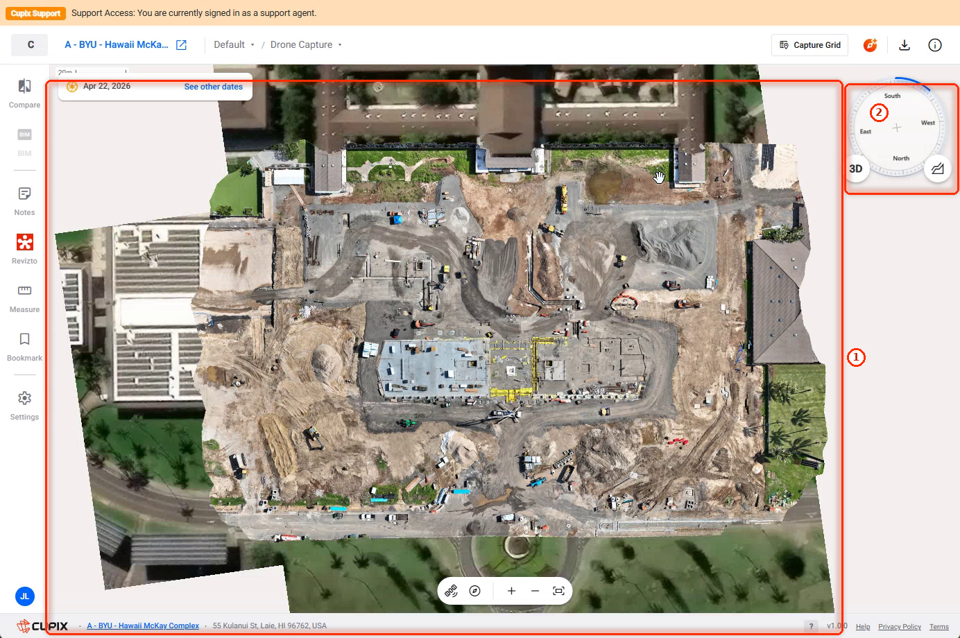 Drone 2D: the orthomosaic over the satellite map