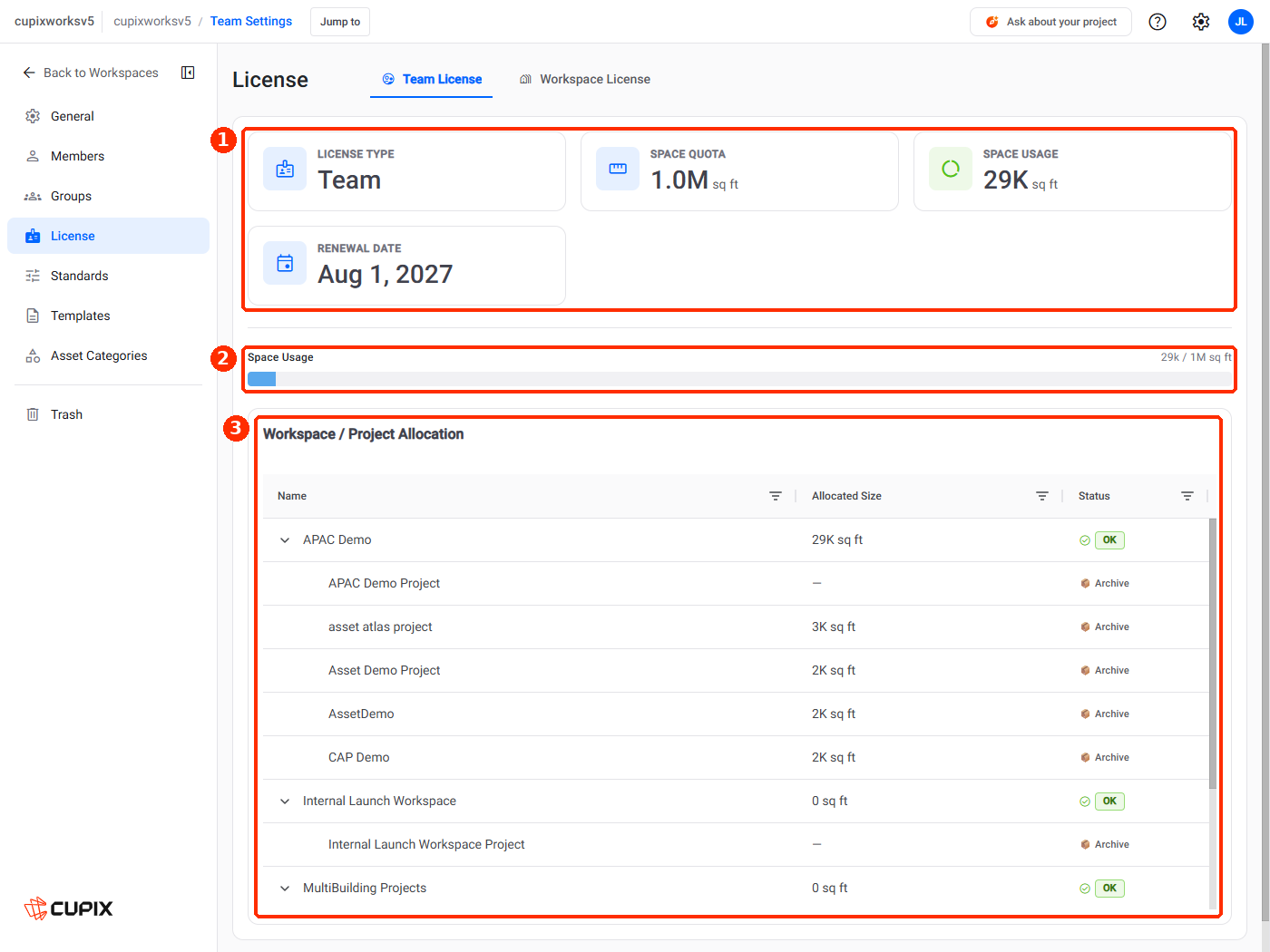 Team Settings › License, the Team License tab