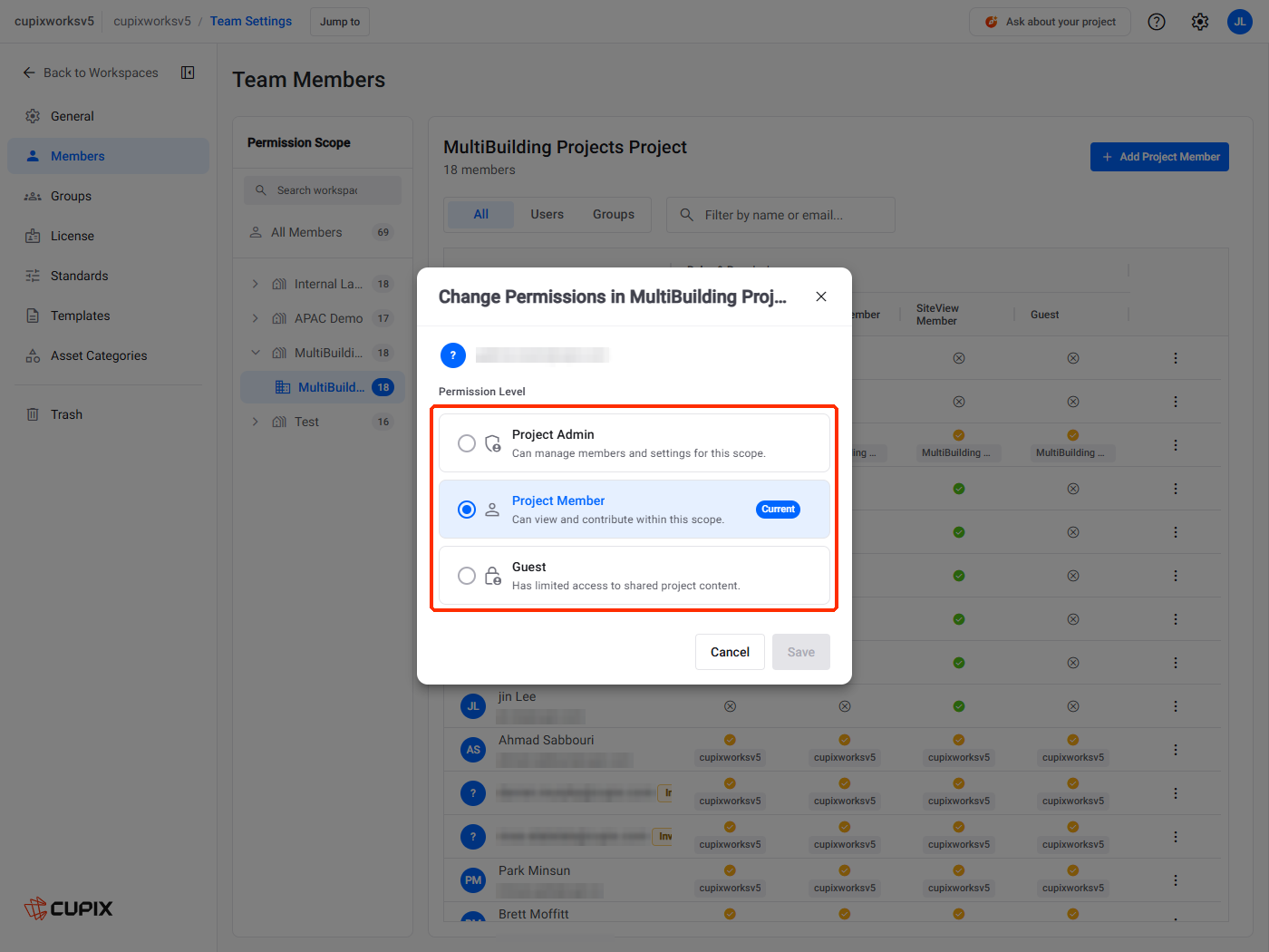 Change Permissions at project level, with the held grade marked Current