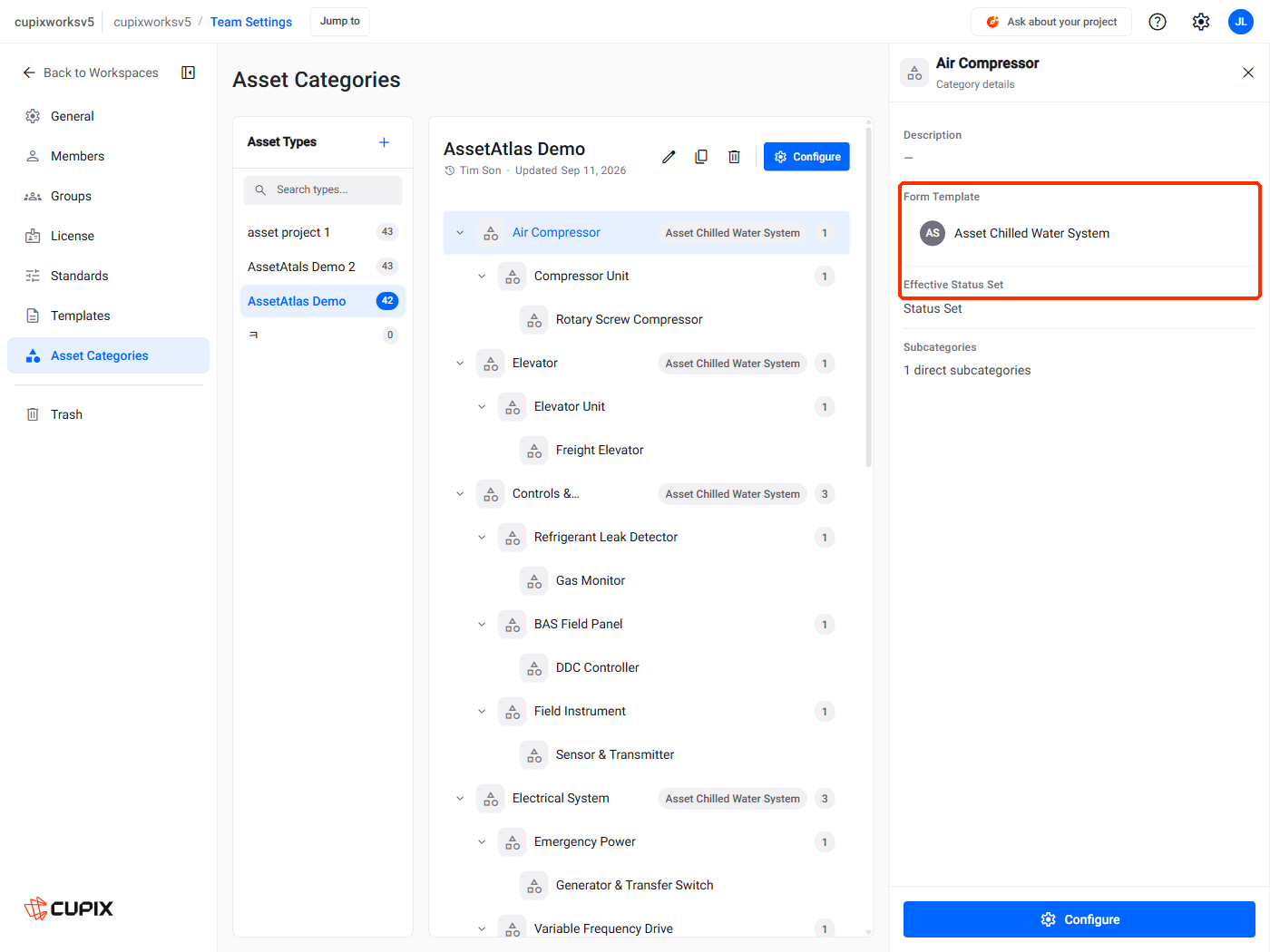 The Category Properties panel, with Form Template and Effective Status Set marked