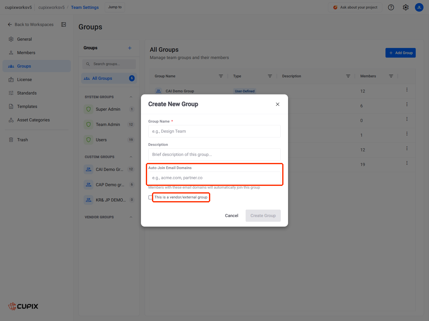 The Create New Group dialog, with Auto-Join Email Domains and the vendor checkbox marked