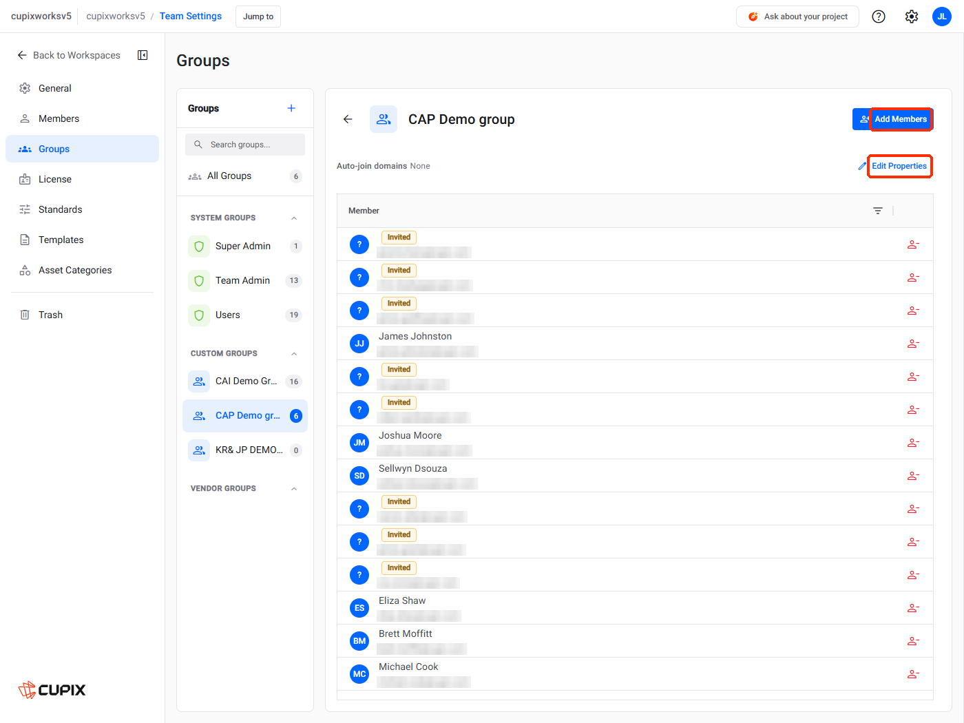 A custom group opened, with Add Members and Edit Properties marked
