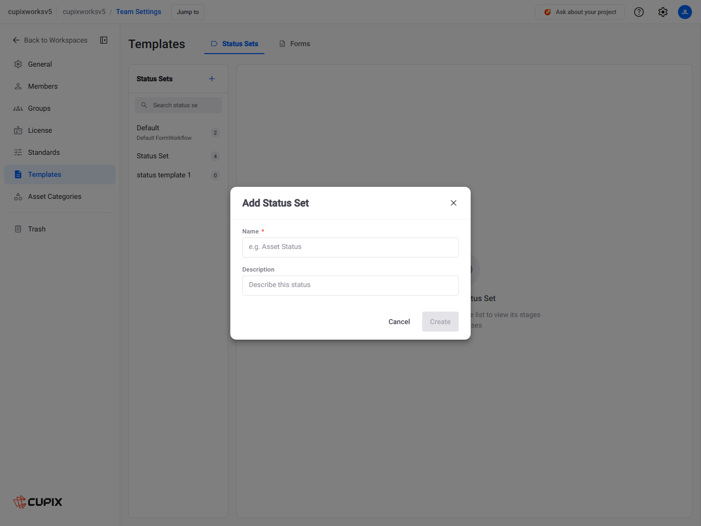 The Add Status Set dialog