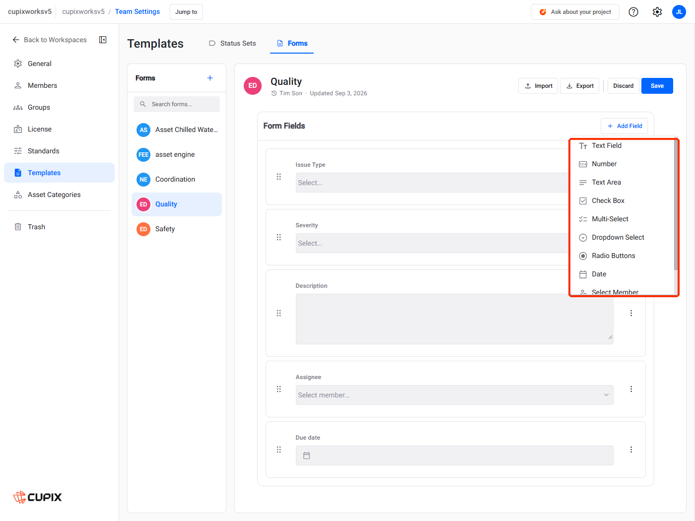 Configure mode, with the Add Field menu marked