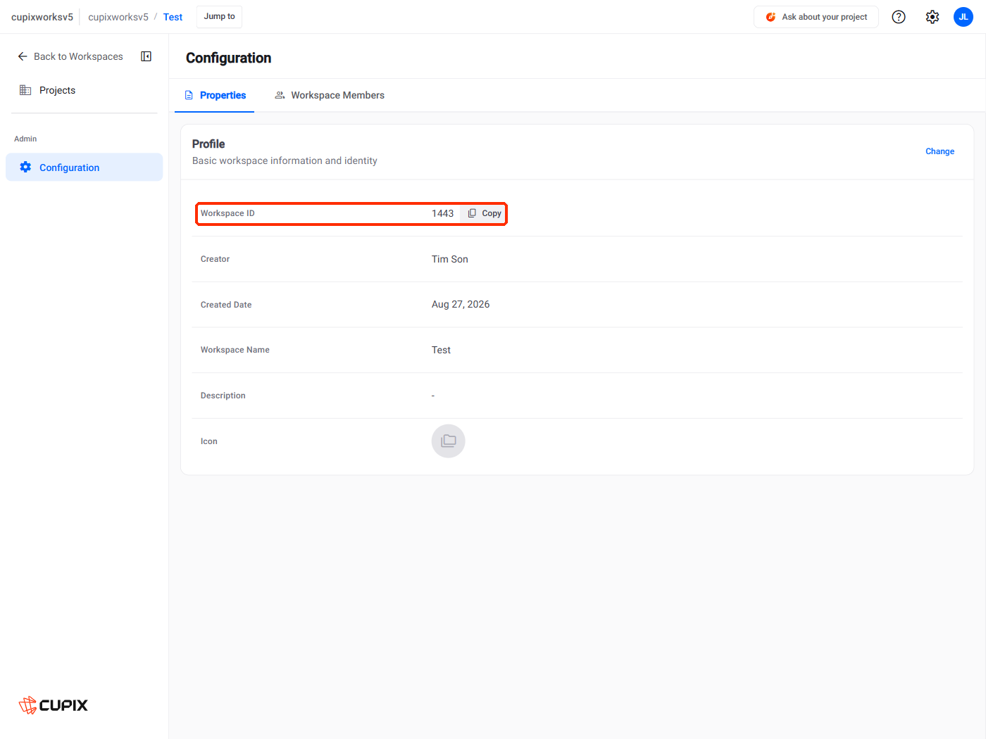 Workspace Configuration › Properties, with the Workspace ID and Copy marked