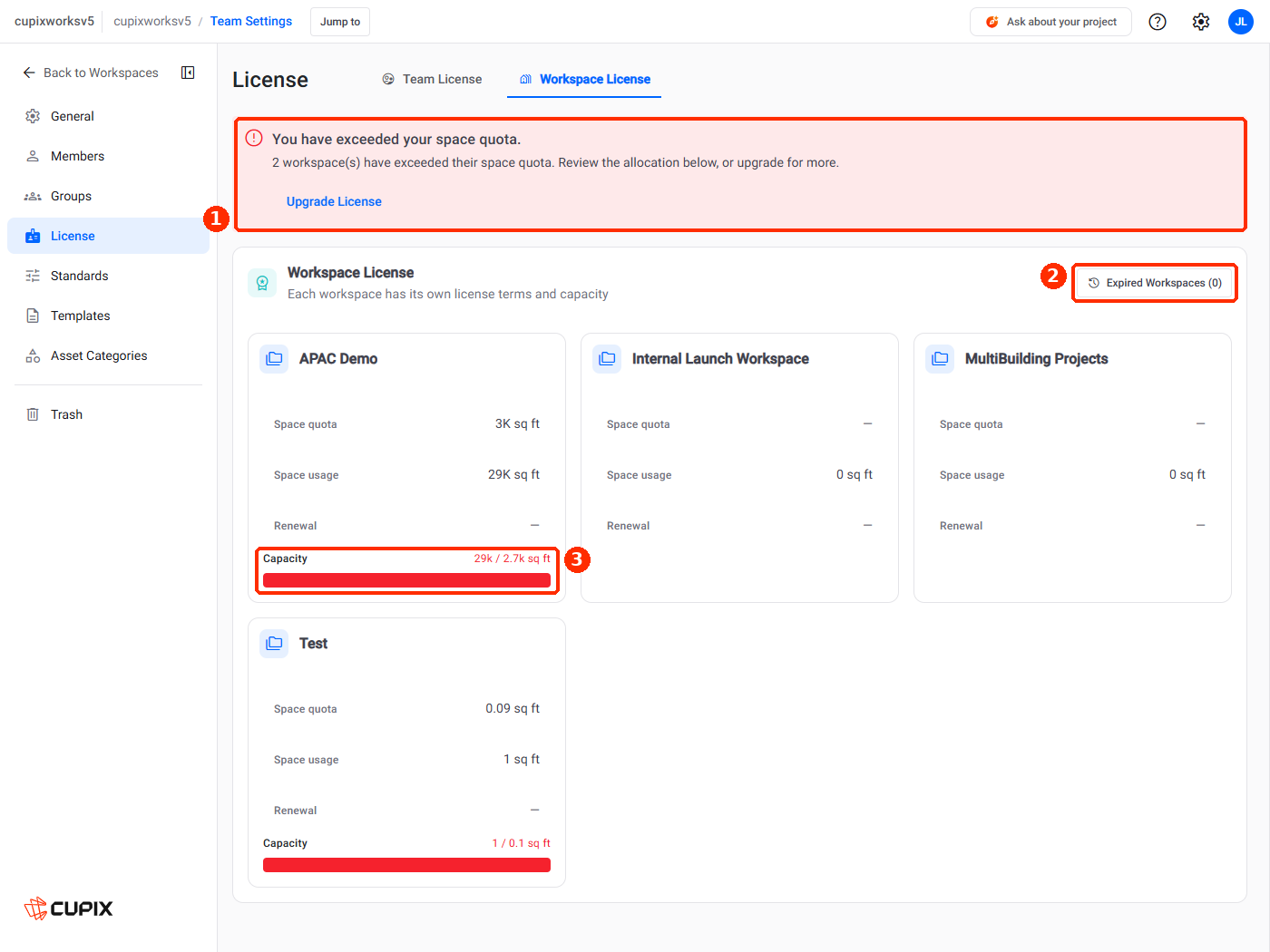 Team Settings › License, the Workspace License tab